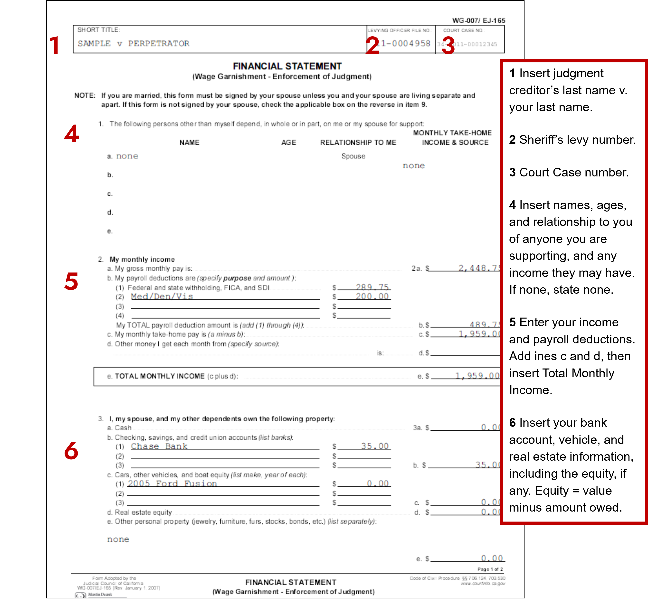 Sample filled out form "Financial Statement WG-007/EJ165", page 1