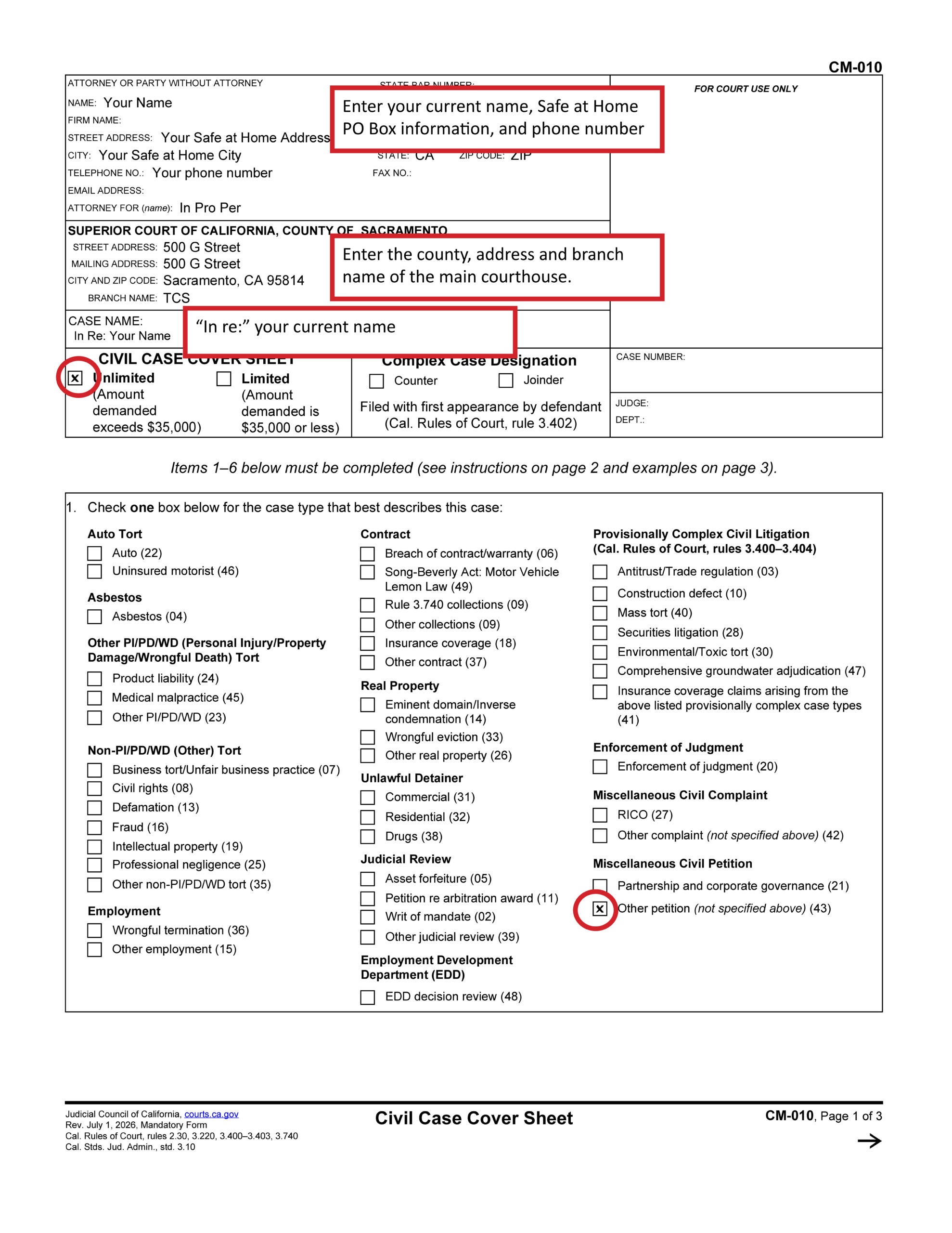 Civil Case Cover Sheet (CM-010), page 1