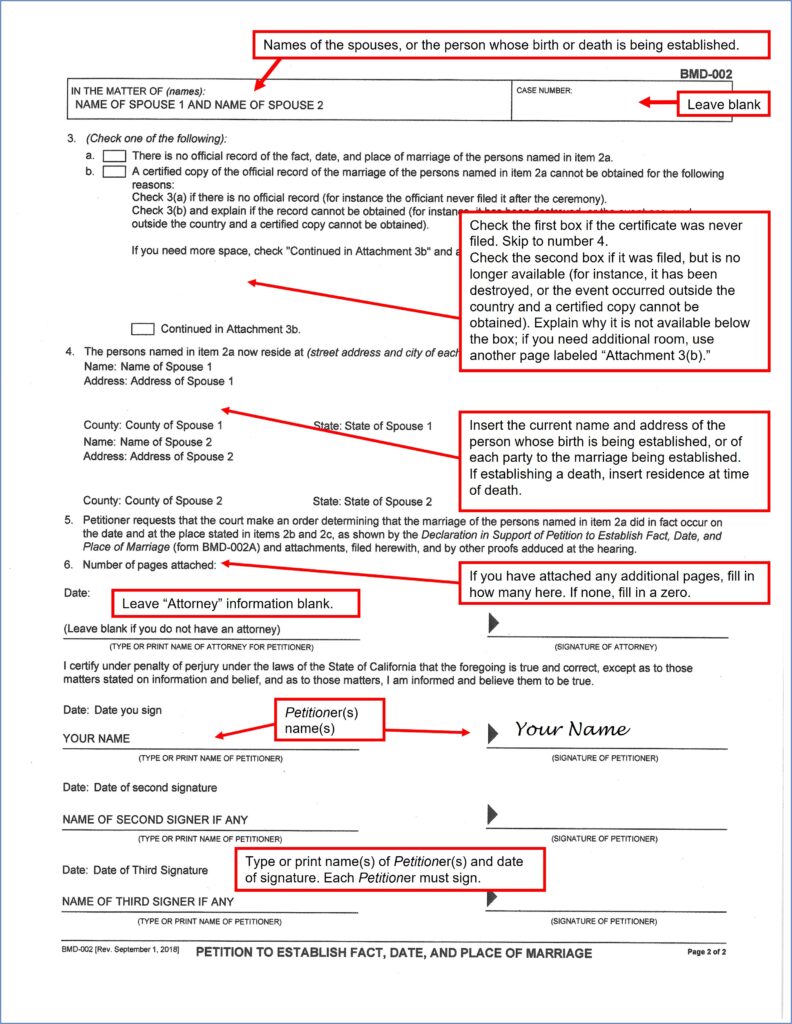 Petition to Establish Fact, Date, and Place of Marriage (BMD-002) (page 2)