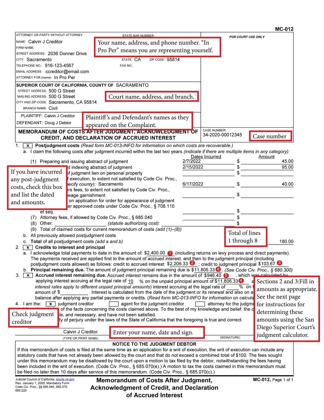Image of Memorandum of Costs After Judgment, MC-012, filled out with instructions.