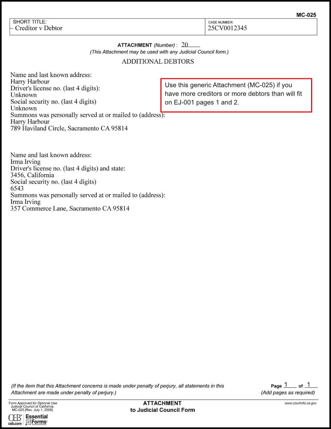 Sample of a filled-out Abstract of Judgment EJ-001, Attachment page, with instructions.