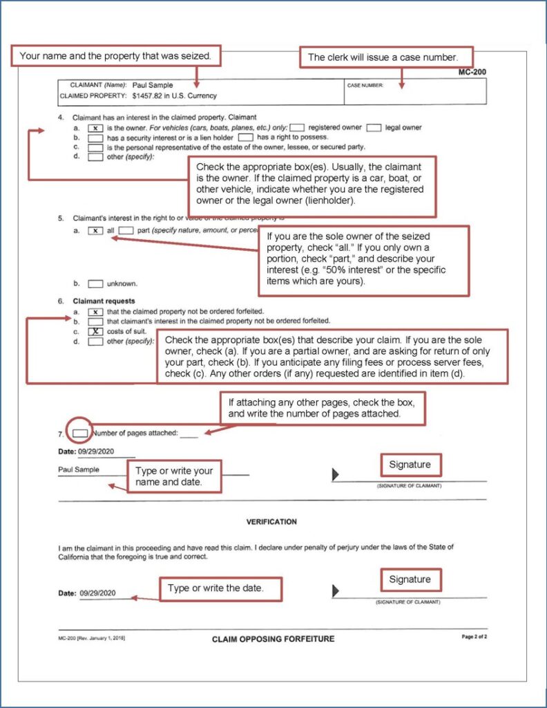 Claim Opposing Forfeiture (MC-200) (page 2), filled-out example