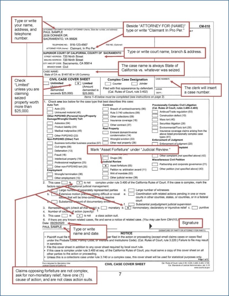 Civil Case Cover Sheet (CM-010) filled-out example