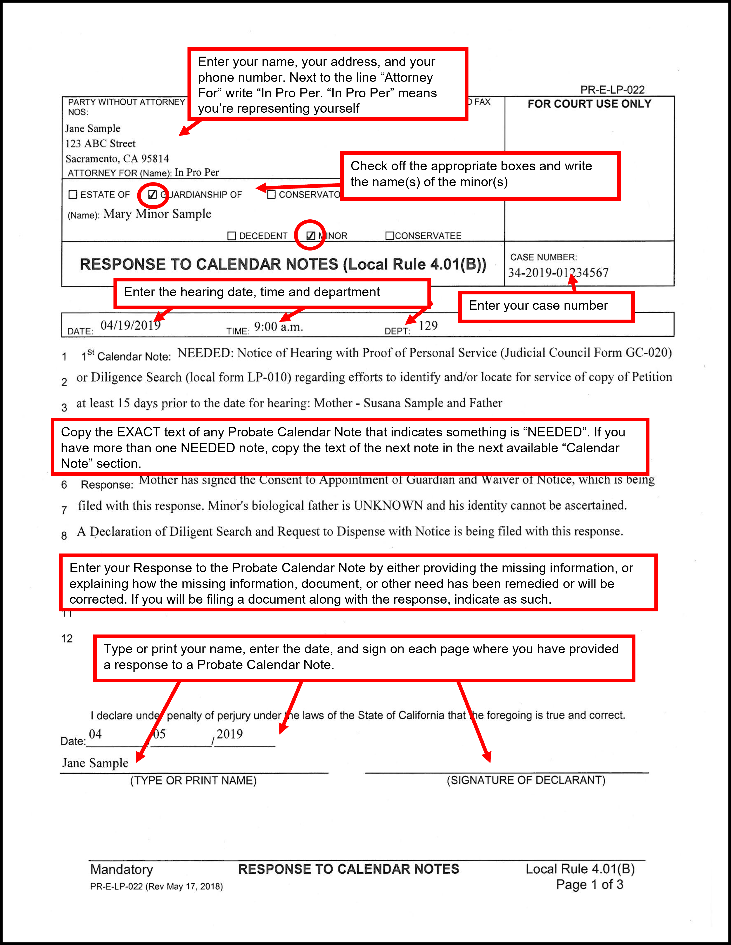 Filled out response to calendar notes page 1