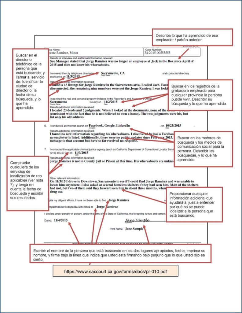 Declaration of Diligent Search and Request to Dispense With Notice (Declaración de búsqueda y 
requerimiento para no darle aviso a un pariente) (Formulario Local PR/E‑LP‑010) (página 2) -- ejemplo llenado