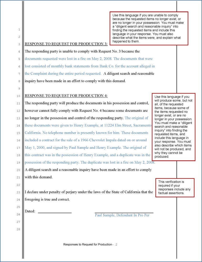 Page 2 of sample response to request for production, listing the appropriate responses for when requested material cannot be obtained by the responding party, despite reasonable efforts. Response 3 has text for material that has been permanently lost or destroyed. Response 4 has text for when requested material is in the possession of another person who is unavailable or refuses access.(item 4).