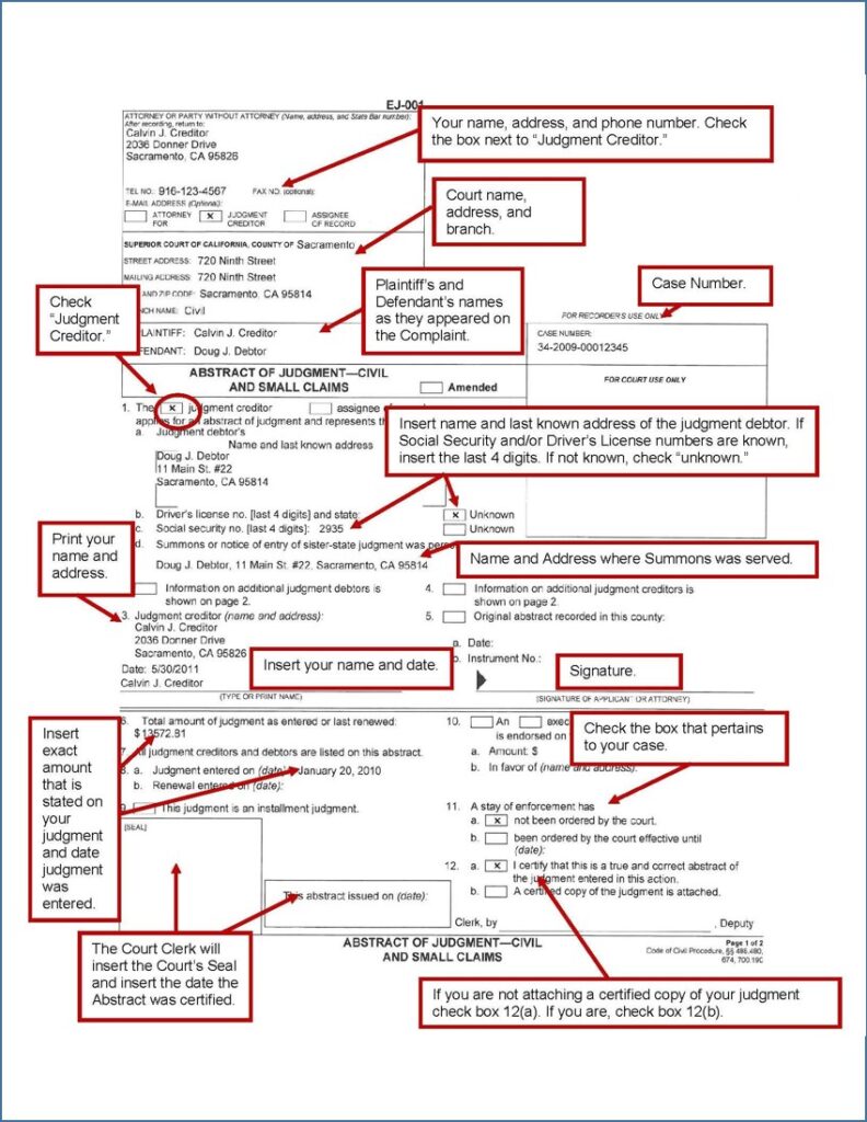 Abstract of Judgment, filled-out sample, page 1