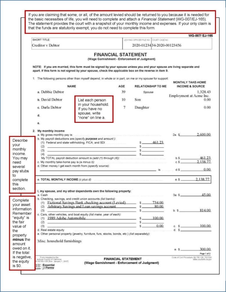 Financial Statement (WG-7/EJ-165) (page 1)