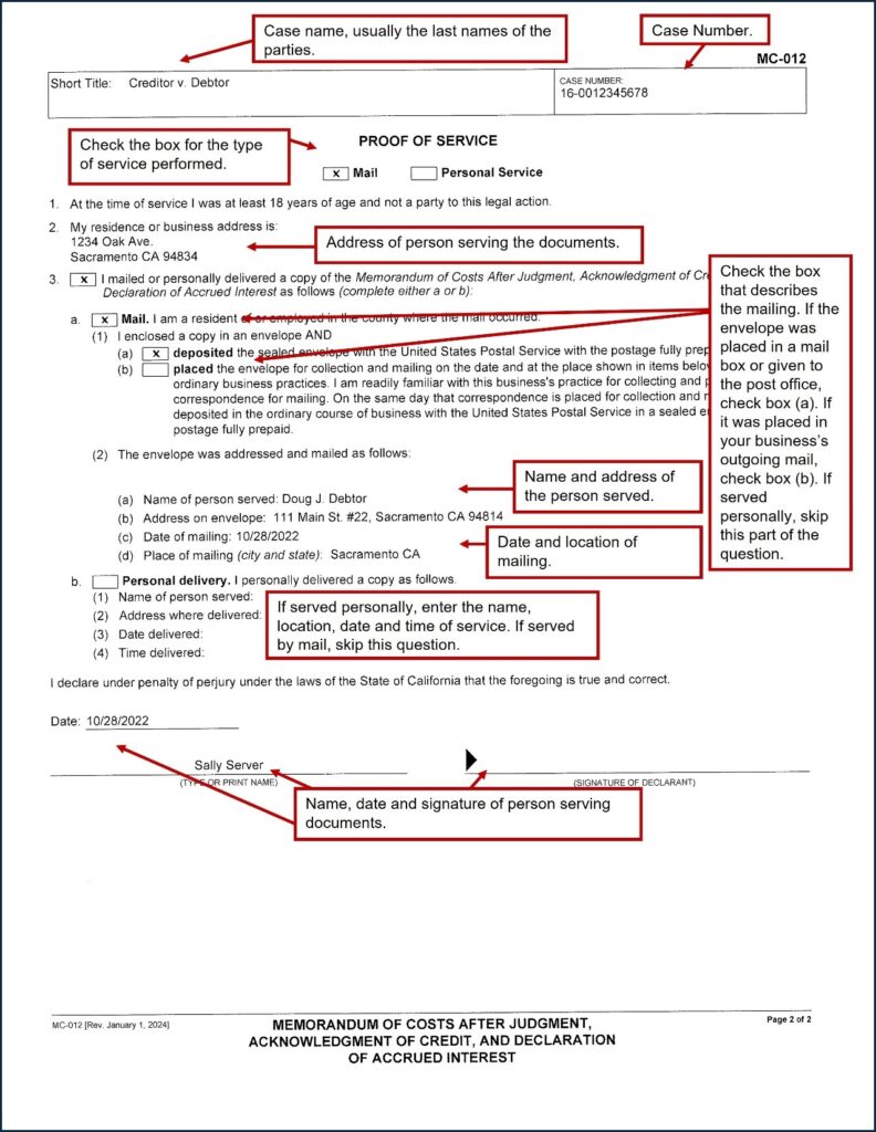 Image of Memorandum of Costs After Judgment, MC-012, page 2 (proof of service), filled out with instructions.