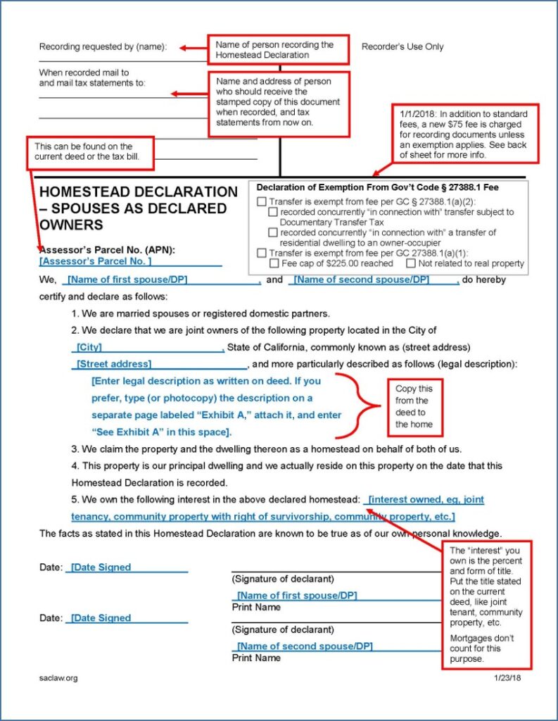 Sample filed-out Homestead Declaration - Spouses as Owners, with instructions