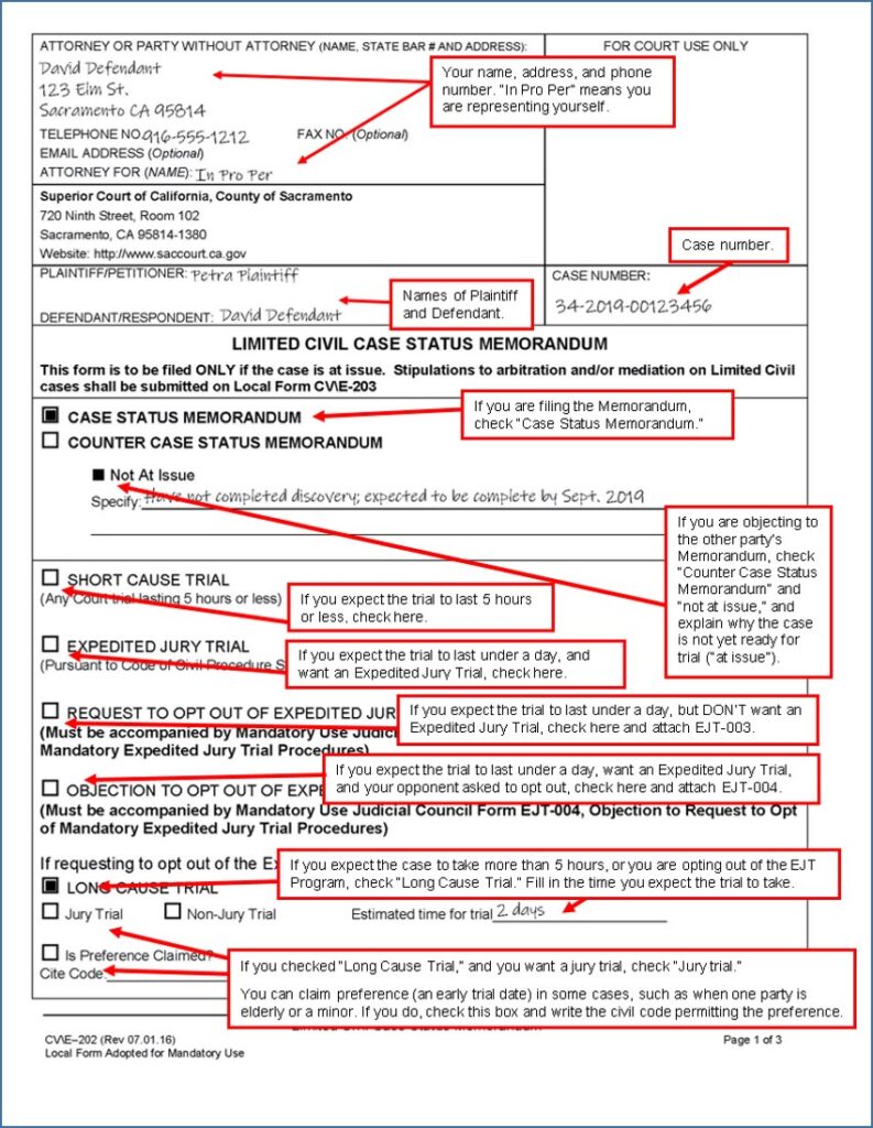 Limited Civil Case Status Memorandum (page 1)