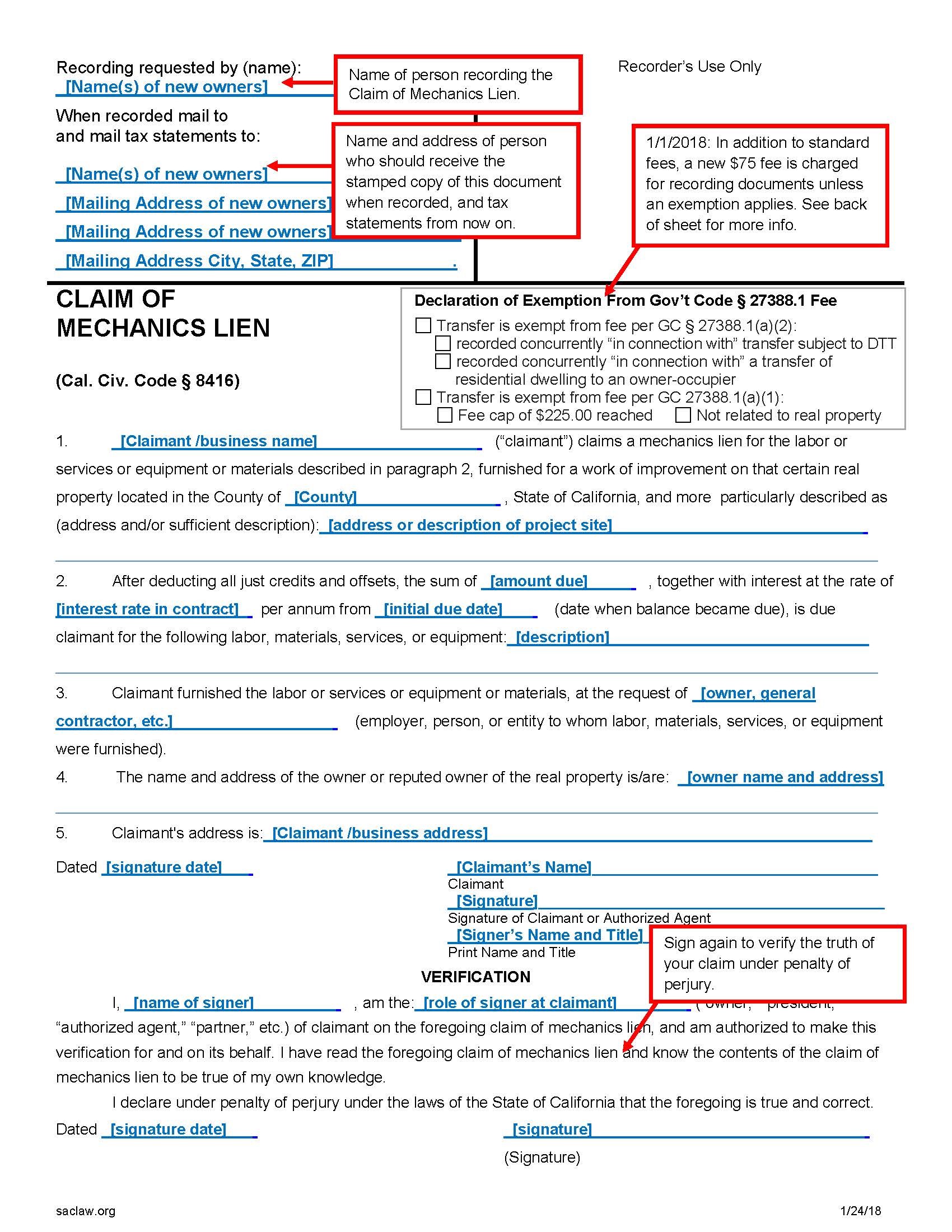 Sample filled-out Mechanics Lien (page 1), with instructions
