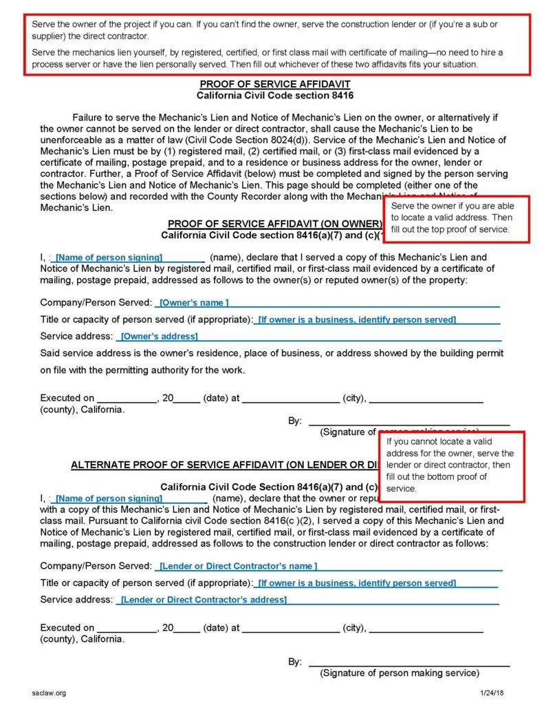 Sample filled-out Mechanics Lien (page 3), with instructions