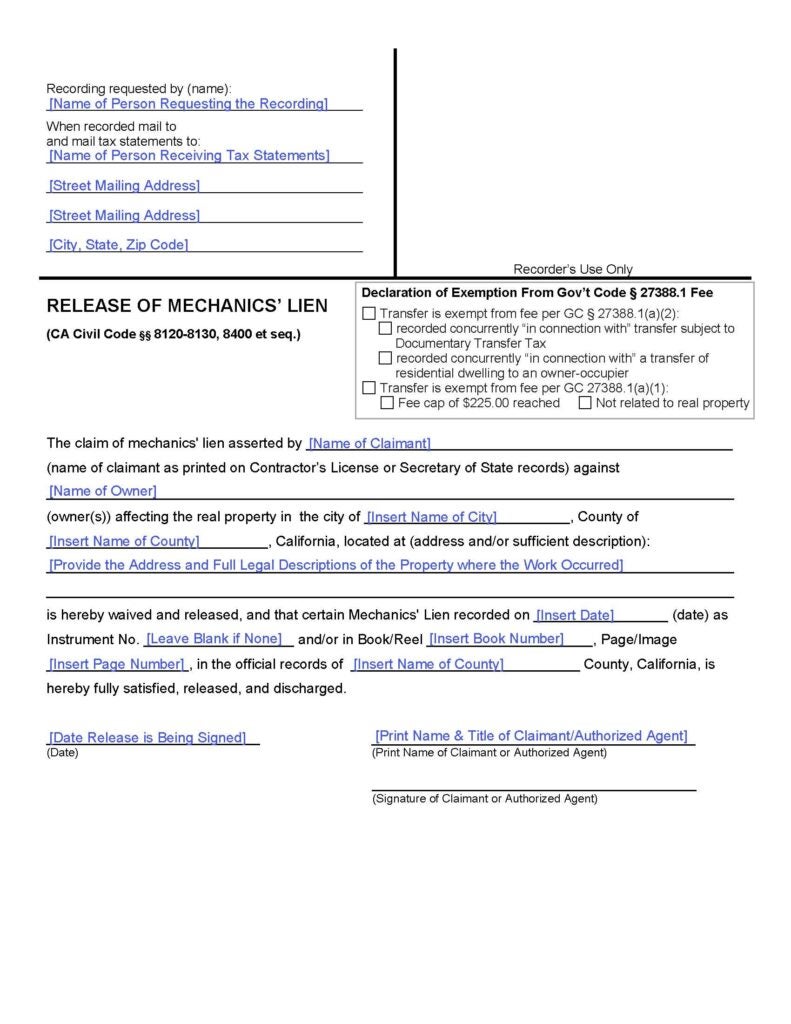 Sample filled-out Release of Mechanics Lien (page 1) , with instructions