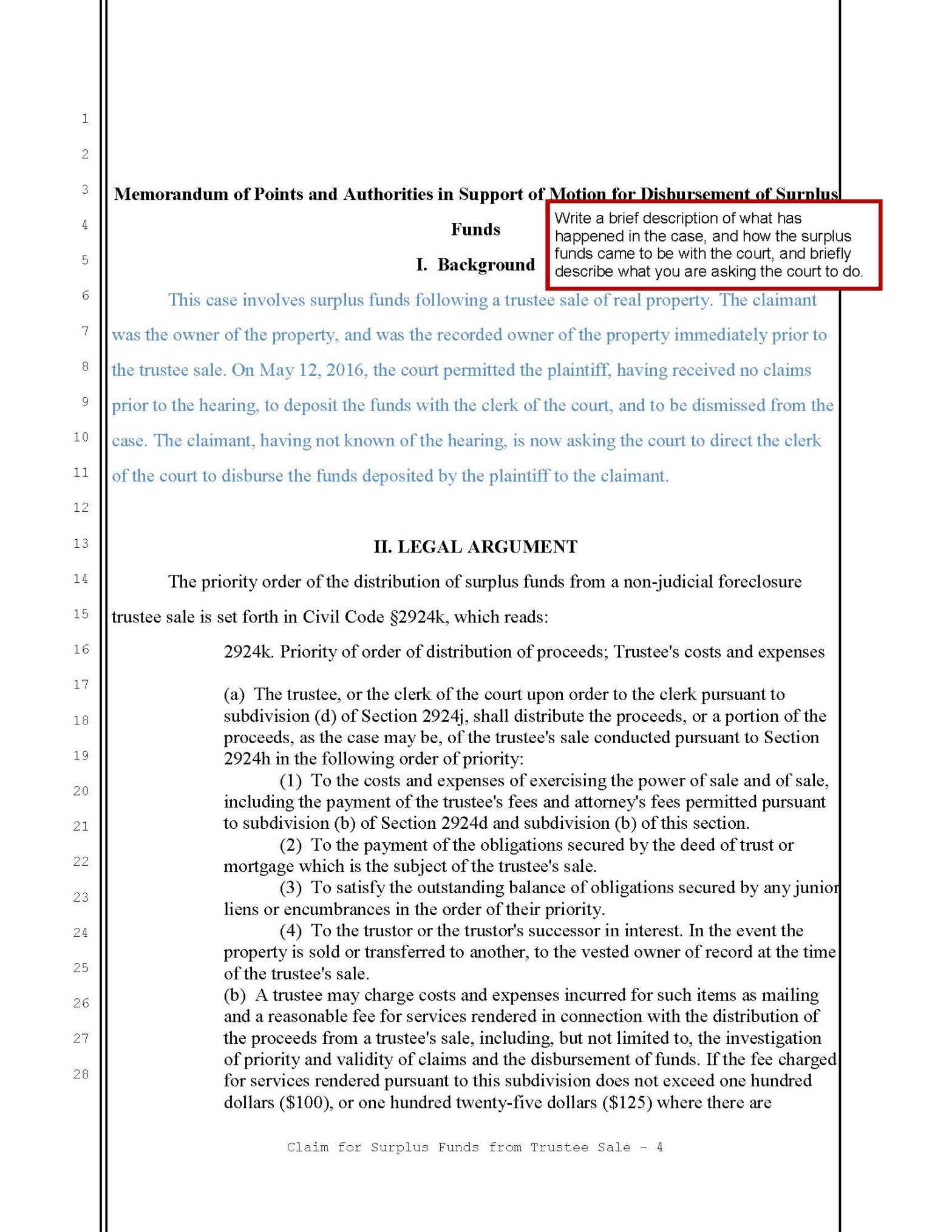 Motion for Disbursement of Surplus Funds After Foreclosure - Sacramento ...