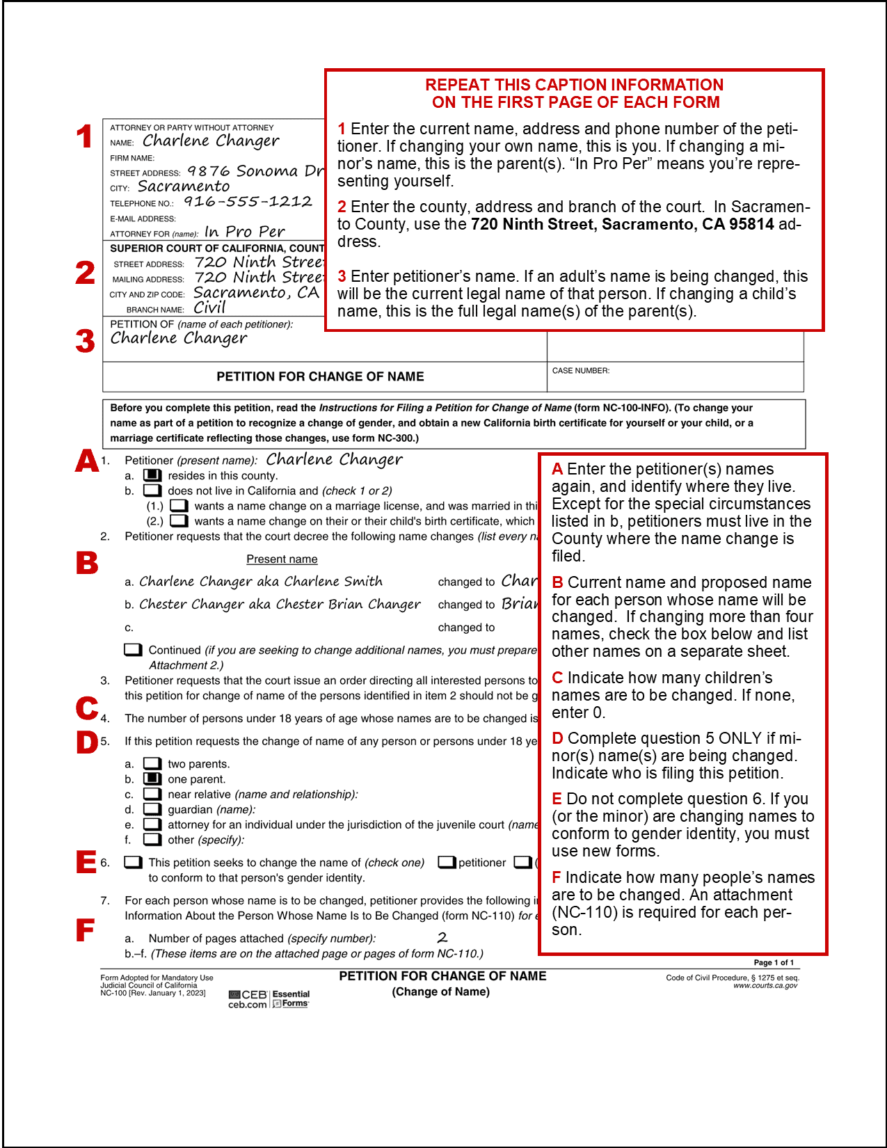 Sample filled out Petition for Name Change  NC-100