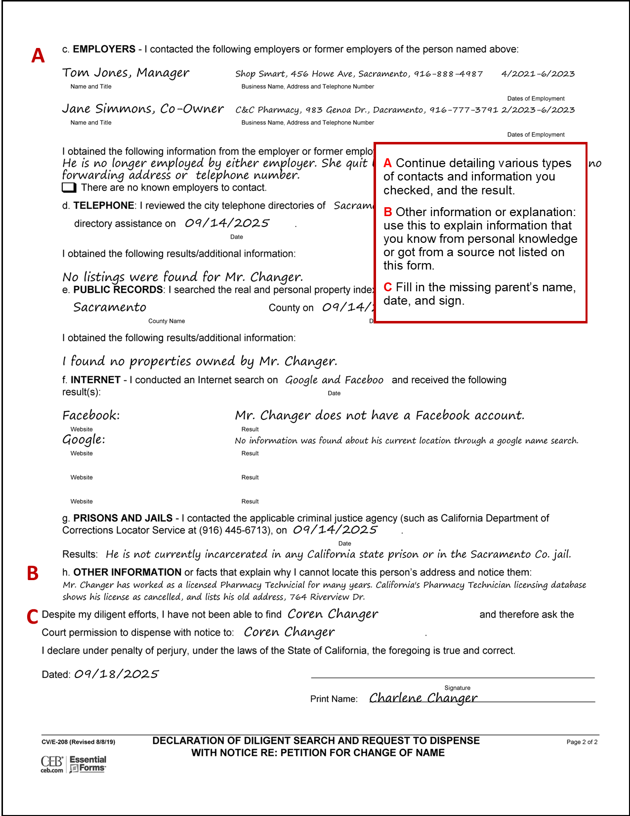 Sample filled out Declaration of diligent Search - Sacramento Local Form CV/E-208, page 2