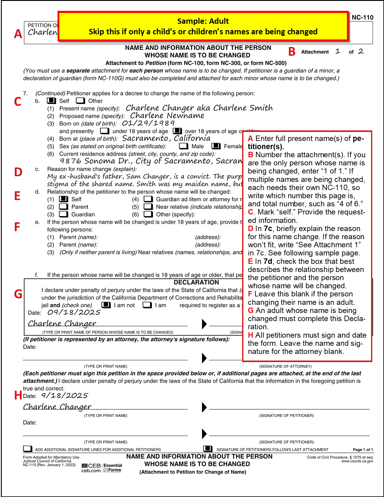 Sample filled out Attachment to Petition for Name Change  NC-110 (adult)