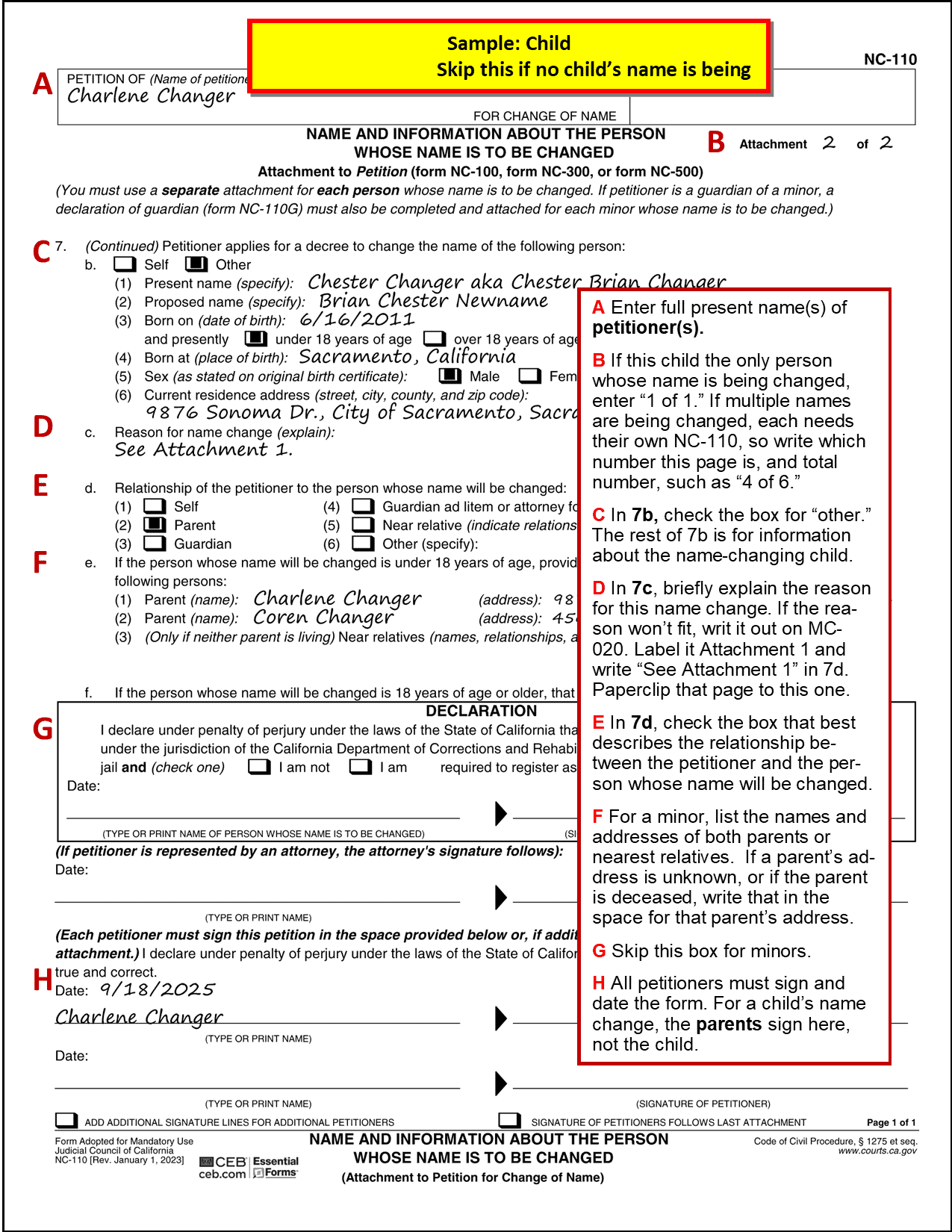 Sample filled out Attachment to Petition for Name Change  NC-110 (child)