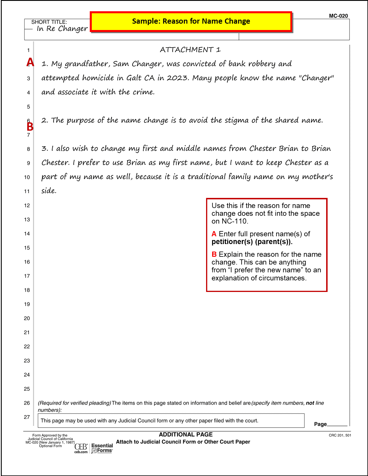 Sample filled out Attachment Explaining Reason for Name Change (MC-020, additional pge
