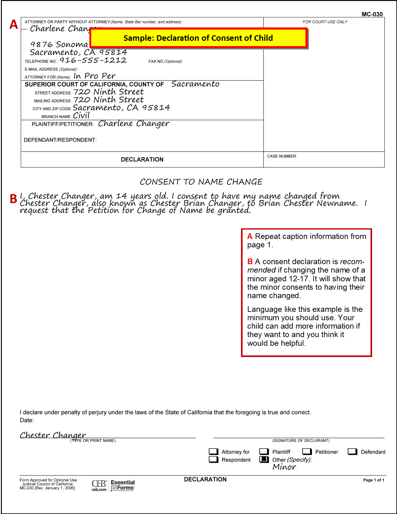 Sample filled out Declaration (Consent of Child) (MC-030, Declaration)