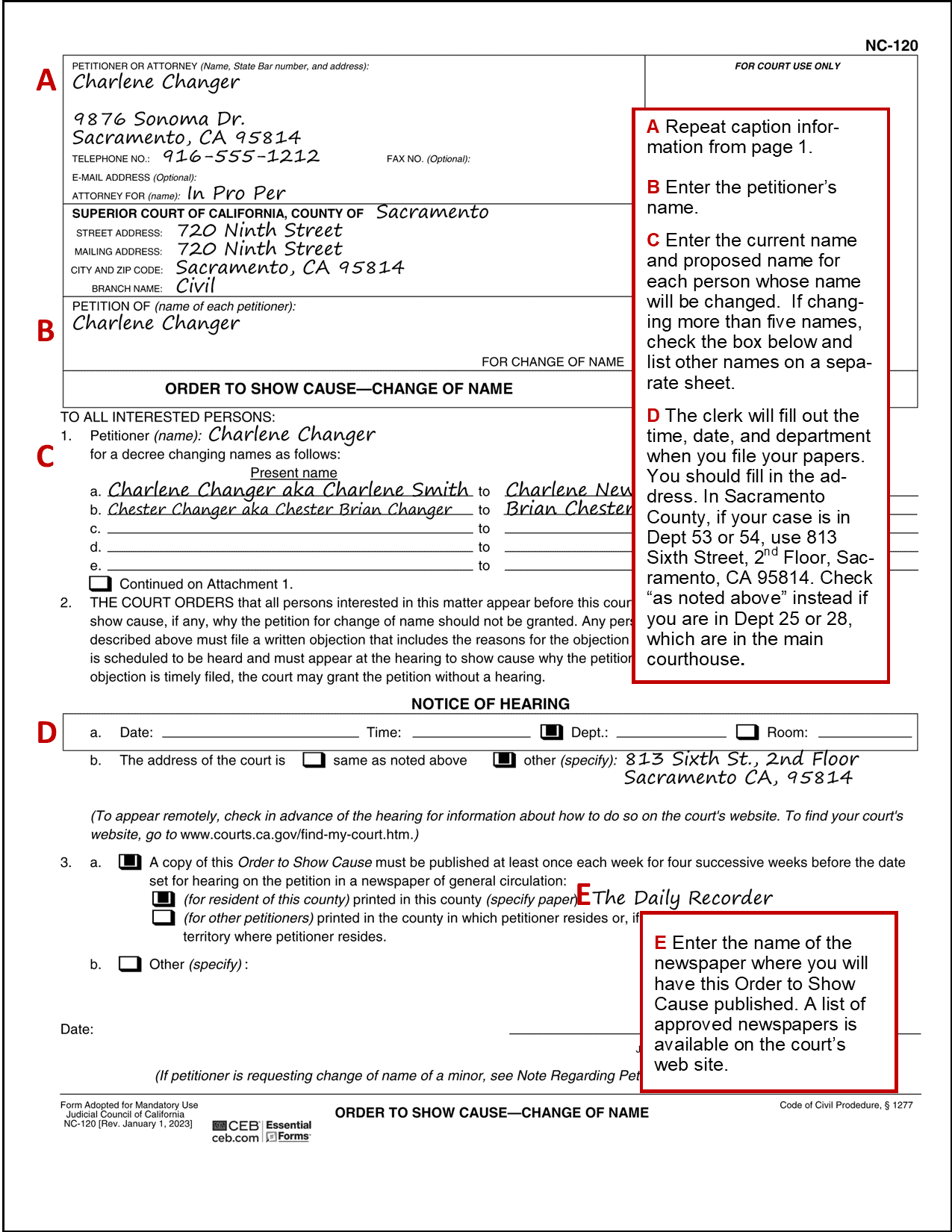 Sample filled out Order to show cause (NC-120)