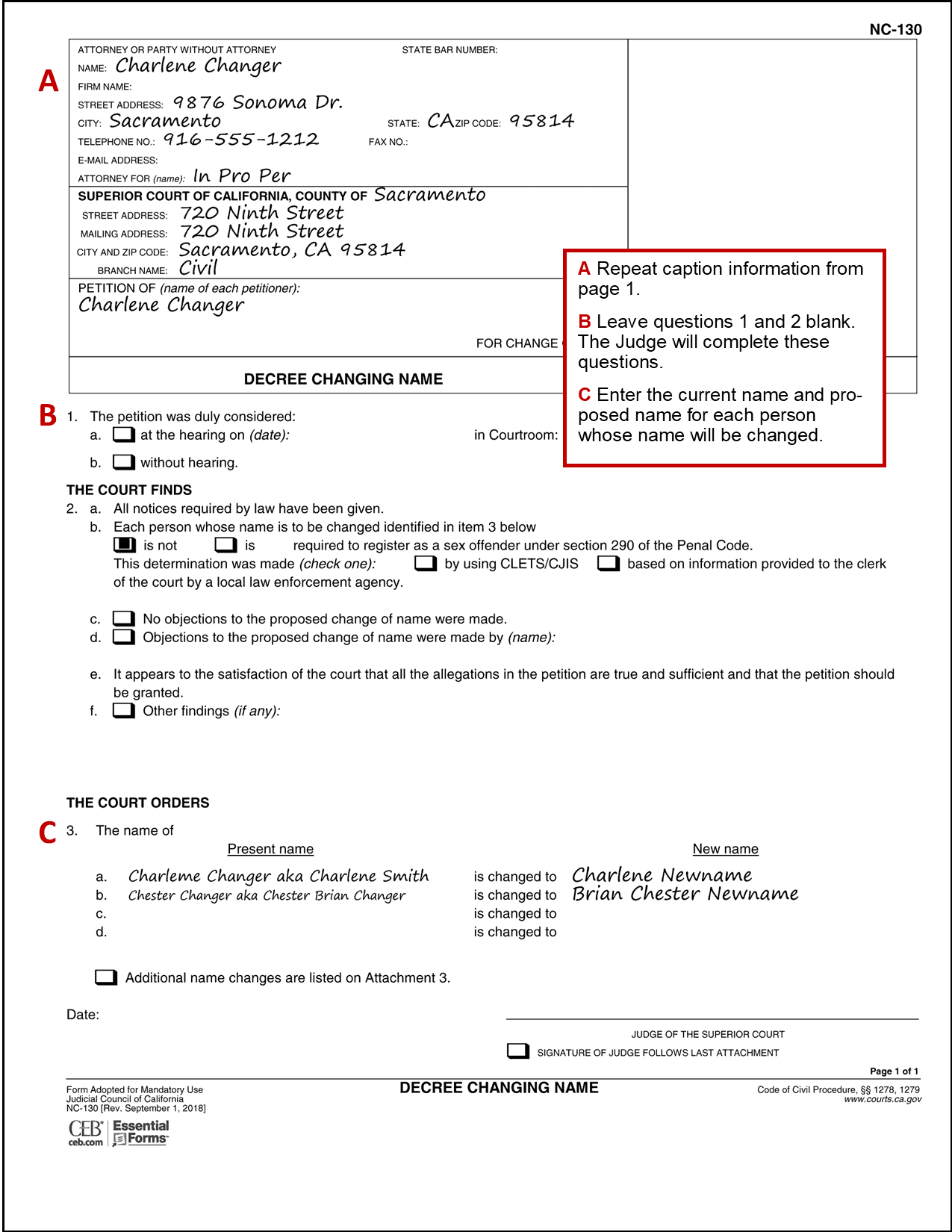 Sample filled out Decree Changing Name (NC-130)