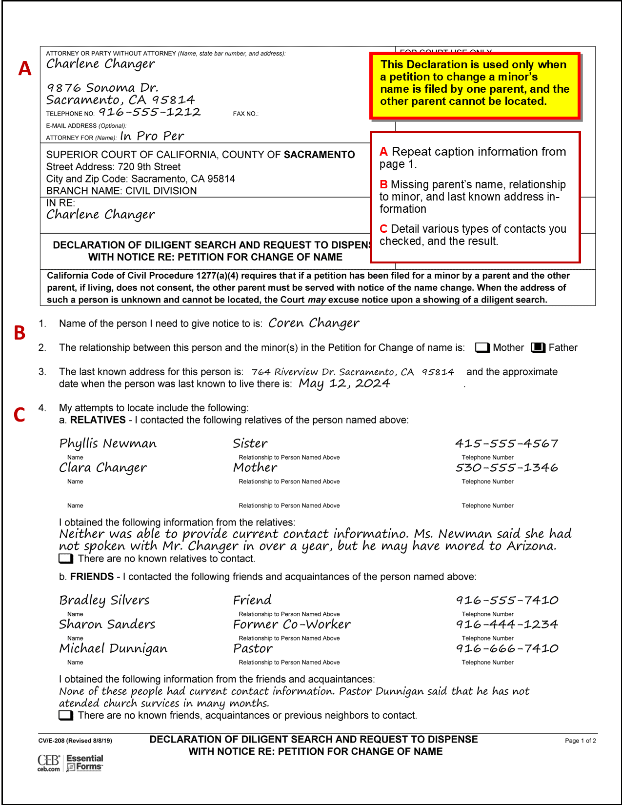 Sample filled out Declaration of diligent Search - Sacramento Local Form CV/E-208, page 1