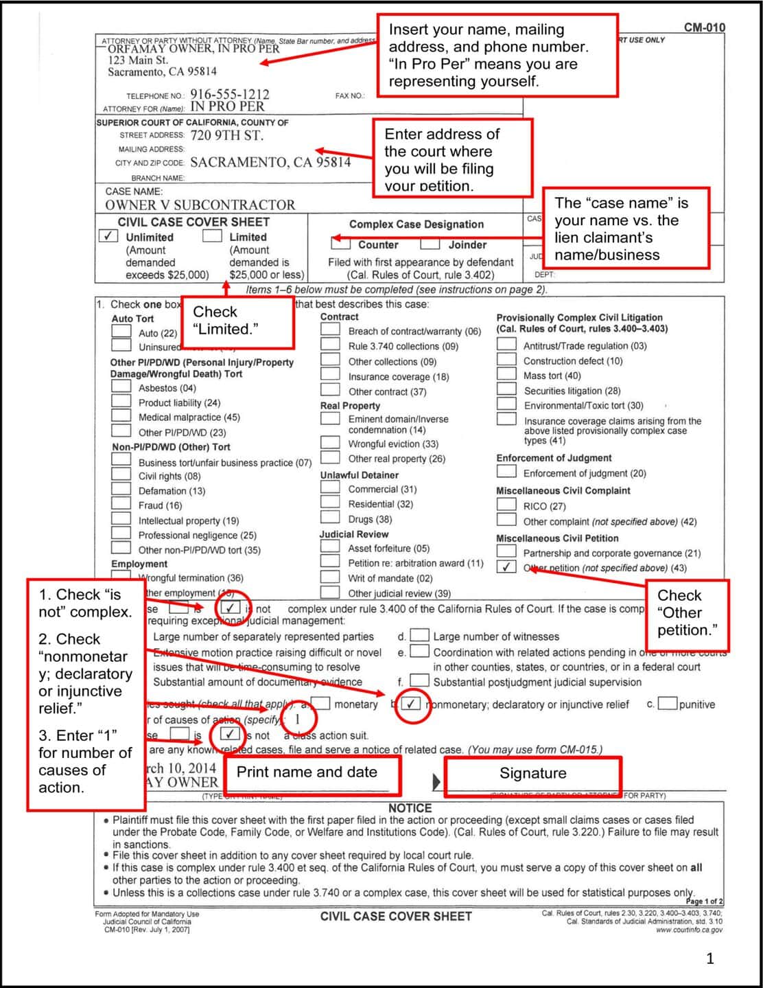 Example of Civil Case Cover Sheet (CM-010), with instructions