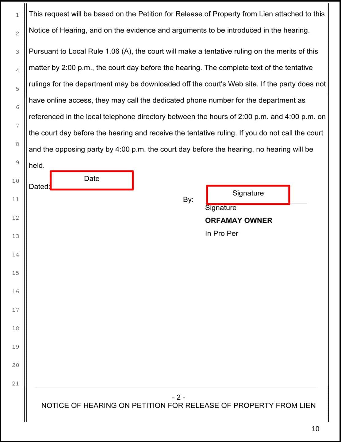 Example of page 2 of the Notice of Hearing on Petition for release of property from lien, with instructions