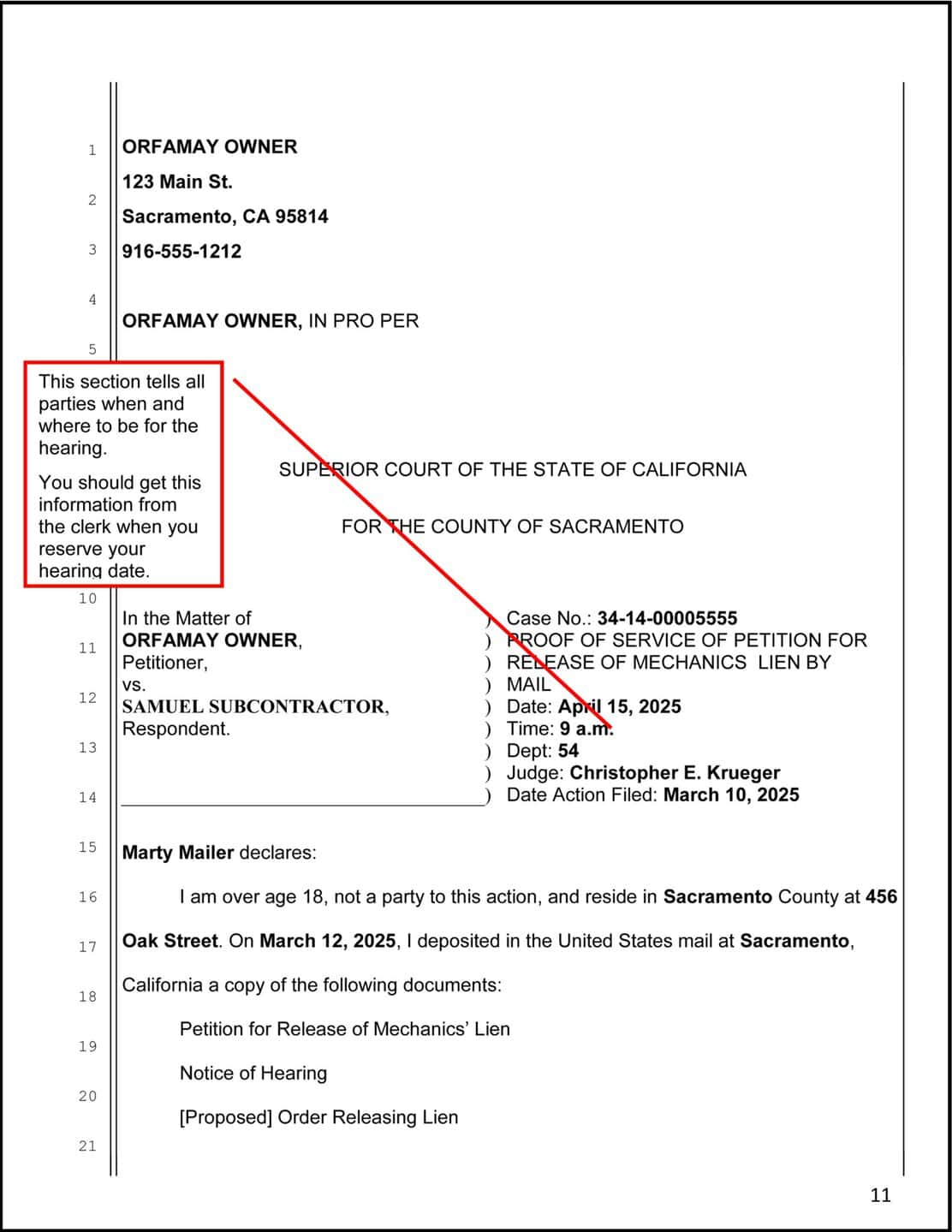 Example of page 1 of the Proof of Service of Petition for release of property from lien, with instructions