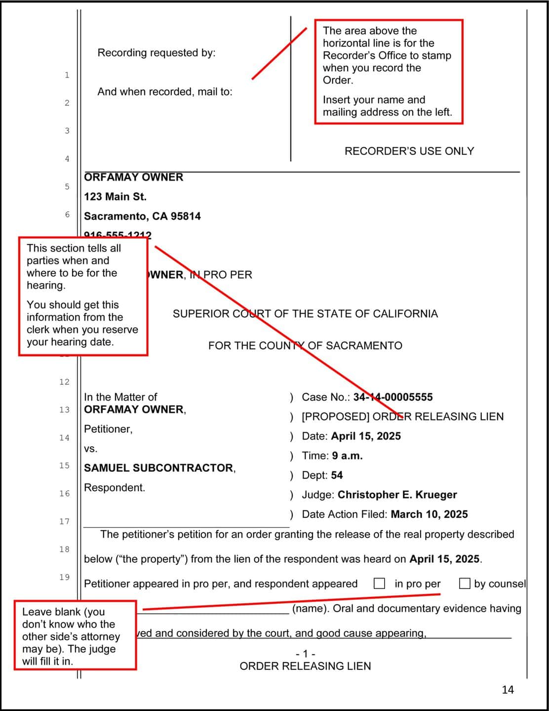 Example of page 1 of the Proposed Order Releasing Lien, with instructions