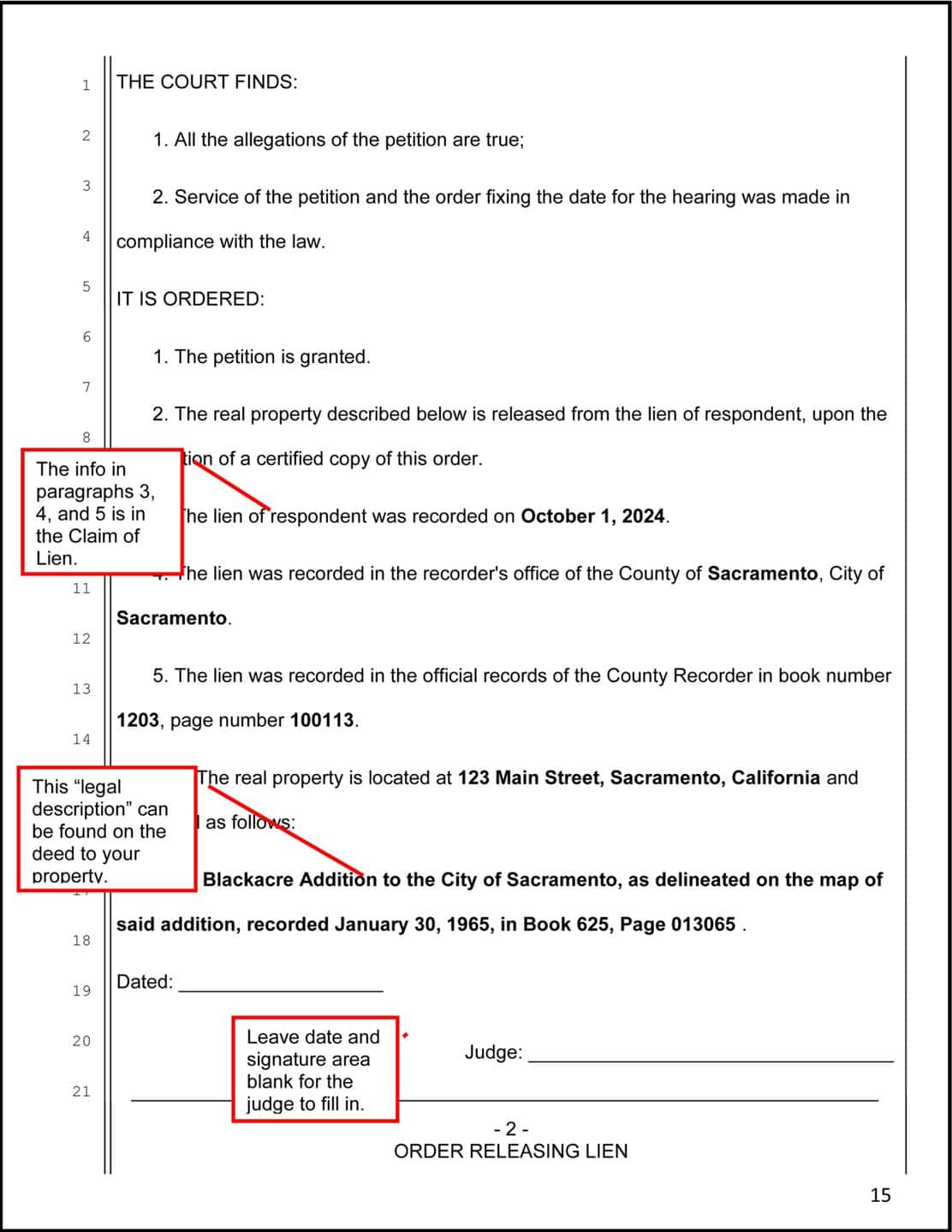 Example of page 2 of the Proposed Order Releasing Lien, with instructions