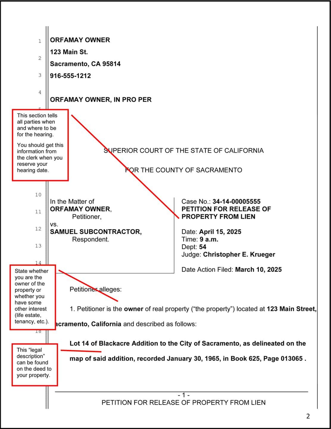 Example of page 1 of the Petition for release of property from lien, with instructions
