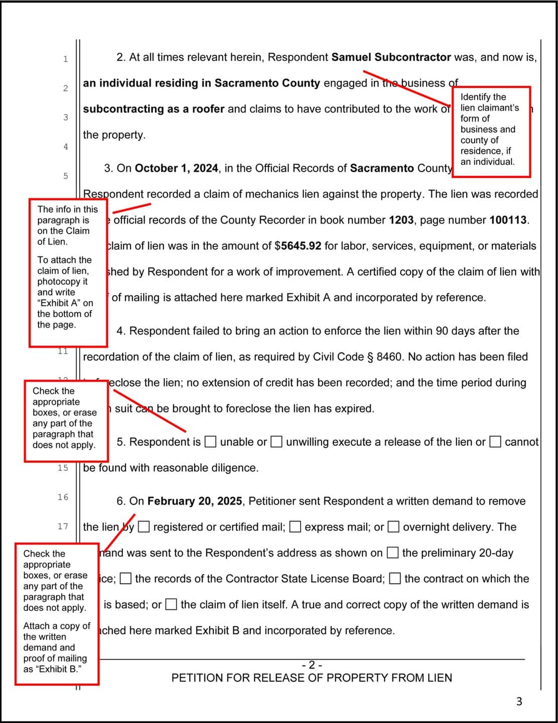Example of page 2 of the Petition for release of property from lien, with instructions