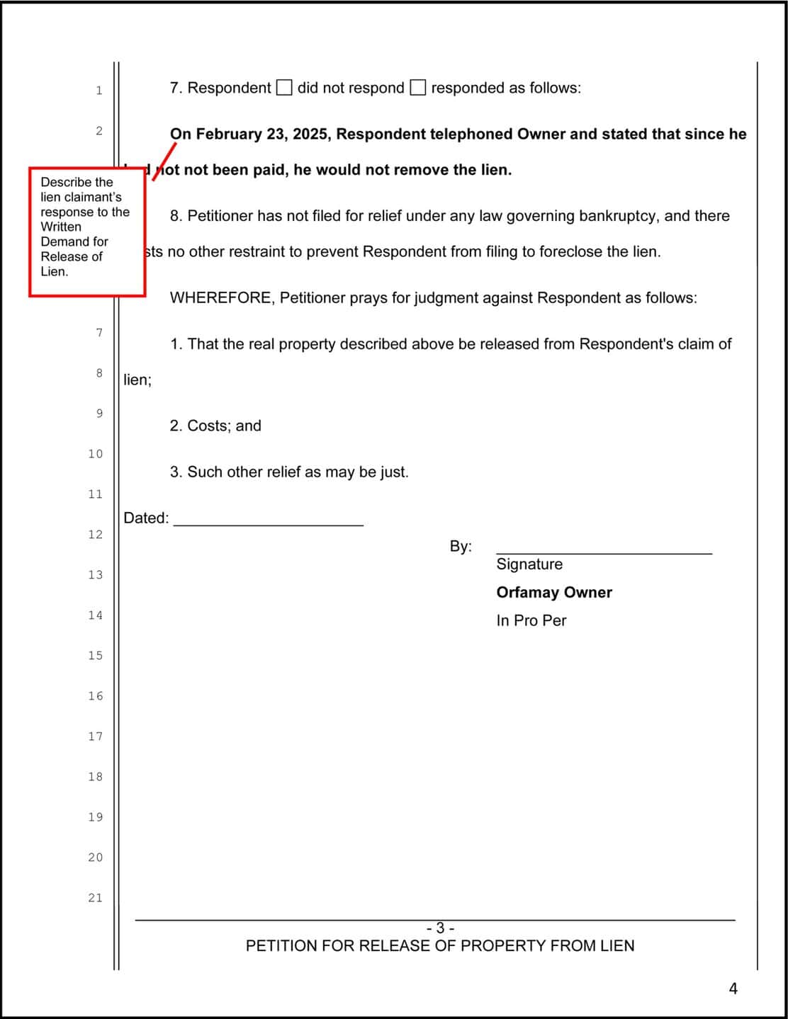 Example of page 3 of the Petition for release of property from lien, with instructions