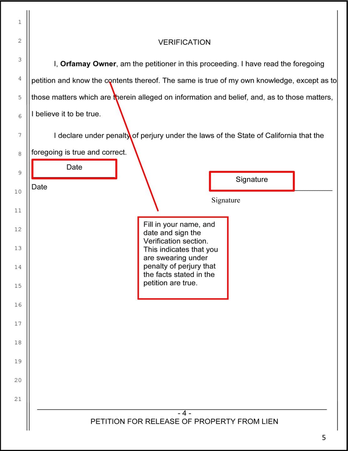 Example of Verification, page 4 of the Petition for release of property from lien, with instructions