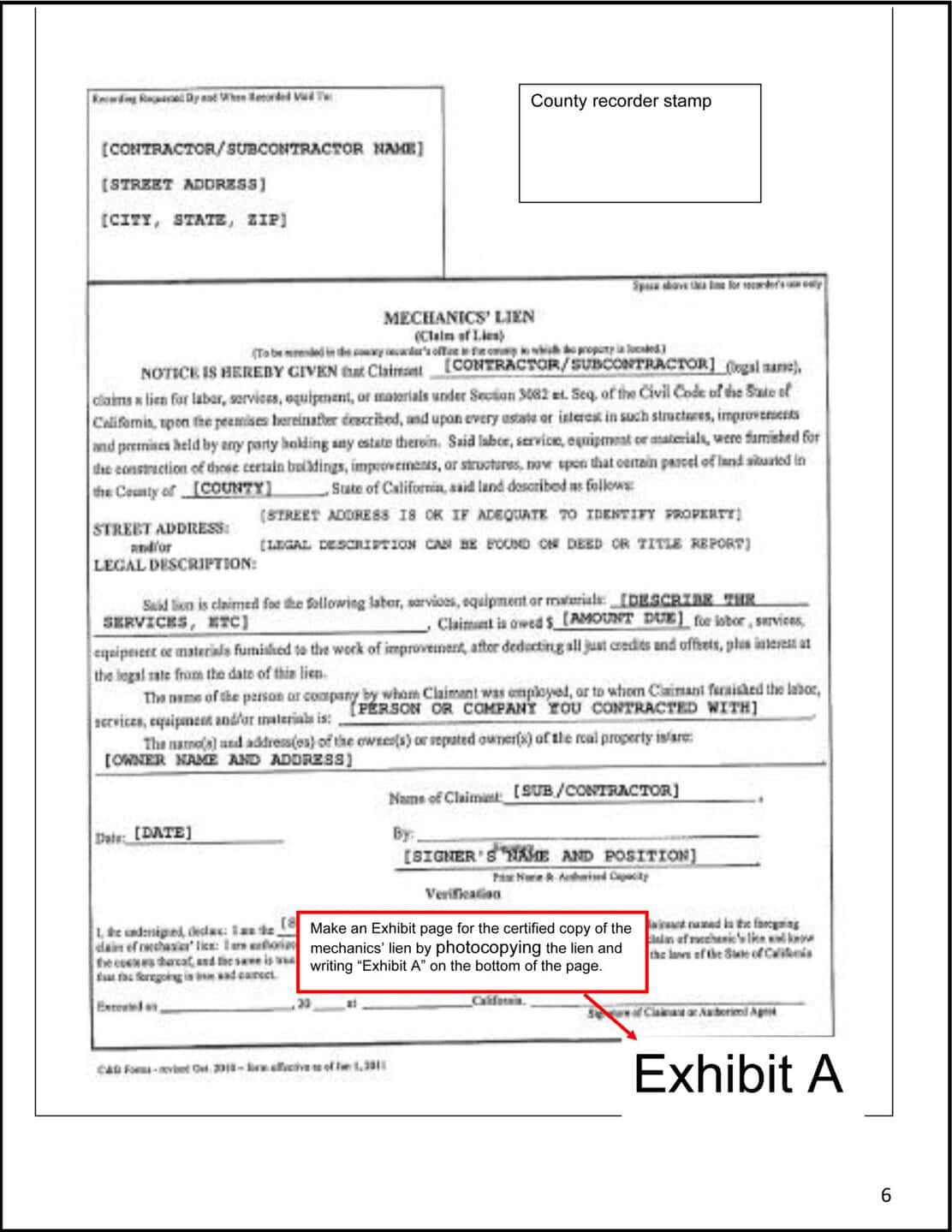 Example of page 6 of the Petition for release of property from lien (Exhibit A, the Claim of Lien), with instructions