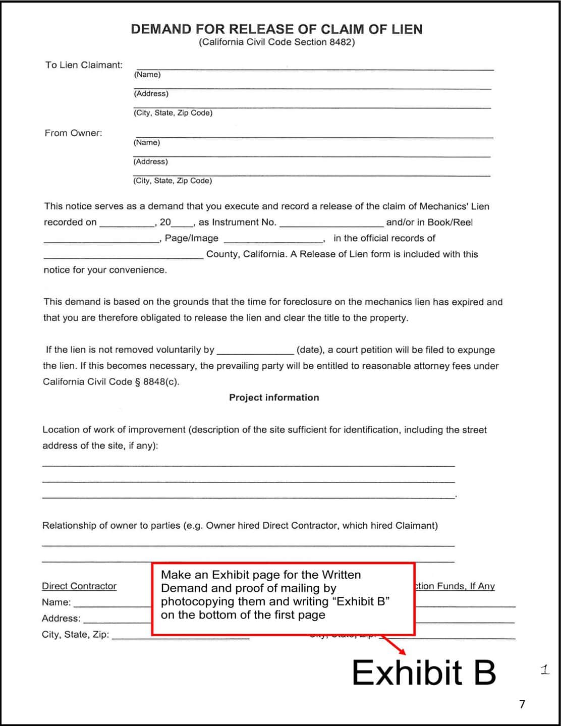 Example of page 7 of the Petition for release of property from lien (Exhibit B, the Demand for Release of Lien), with instructions