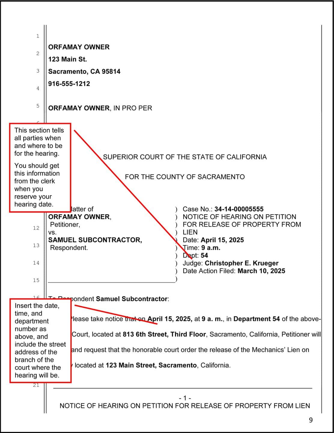 Example of page 1 of the Notice of Hearing on Petition for release of property from lien, with instructions
