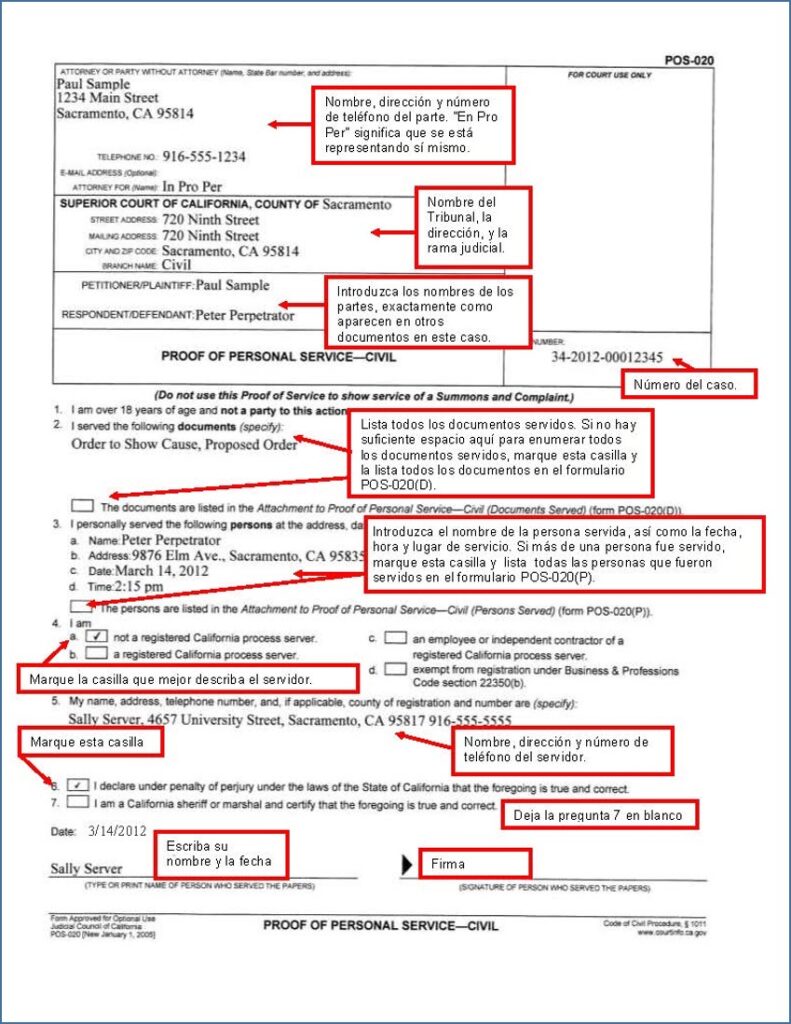 Ejemplo llenado de Prueba de entrega en persona  Proof of Personal Service - Civil (POS-020)