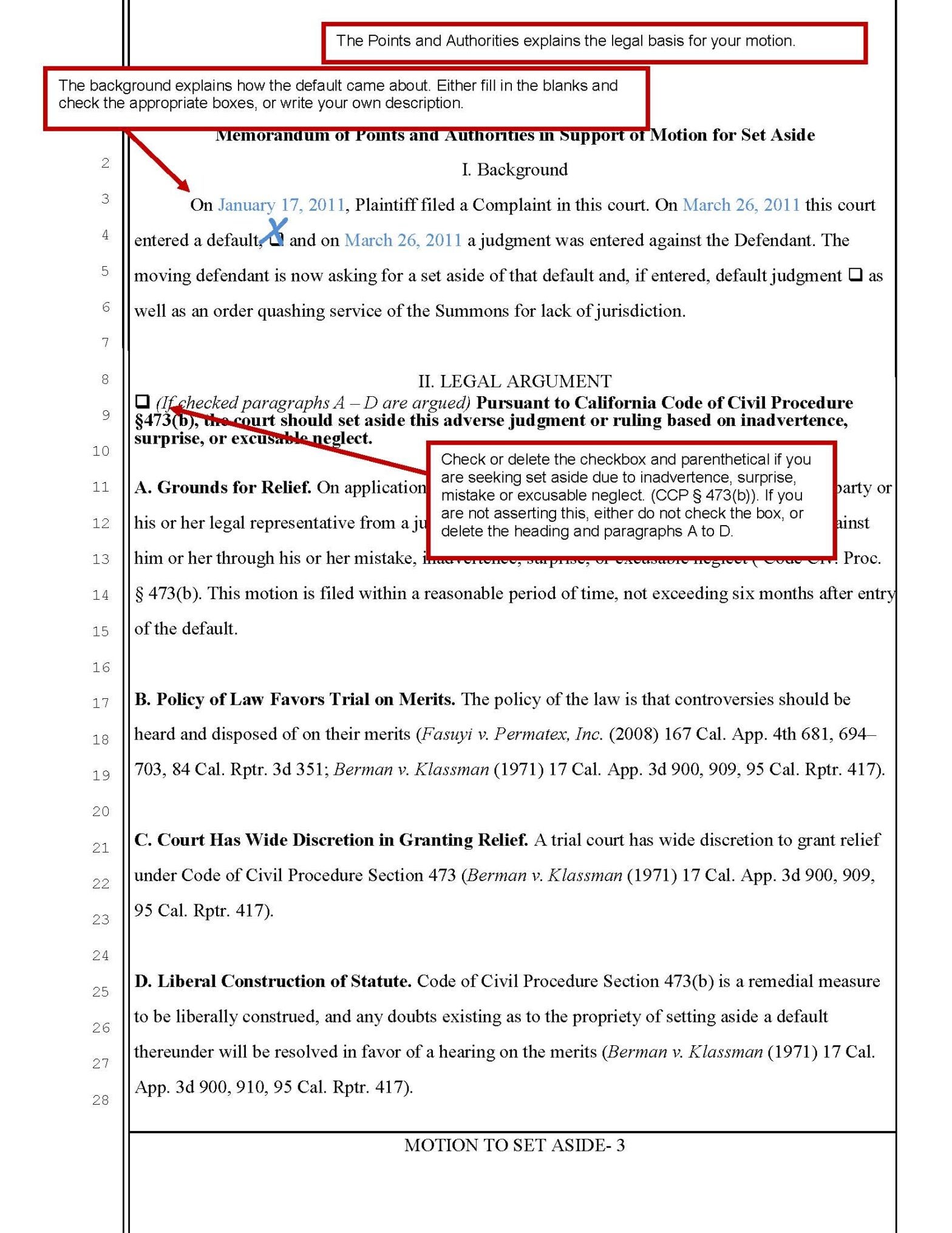 Motion to Set Aside (Relief from Default Judgment) Sacramento County