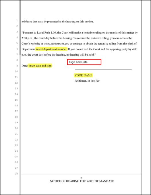 Notice of Hearing for Writ of Mandate (page 1) - Sample
