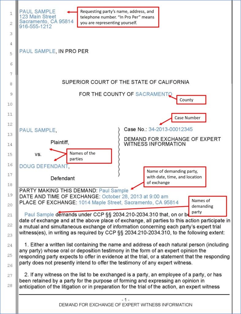 Demand for Exchange of Expert Witness Information (page 1)