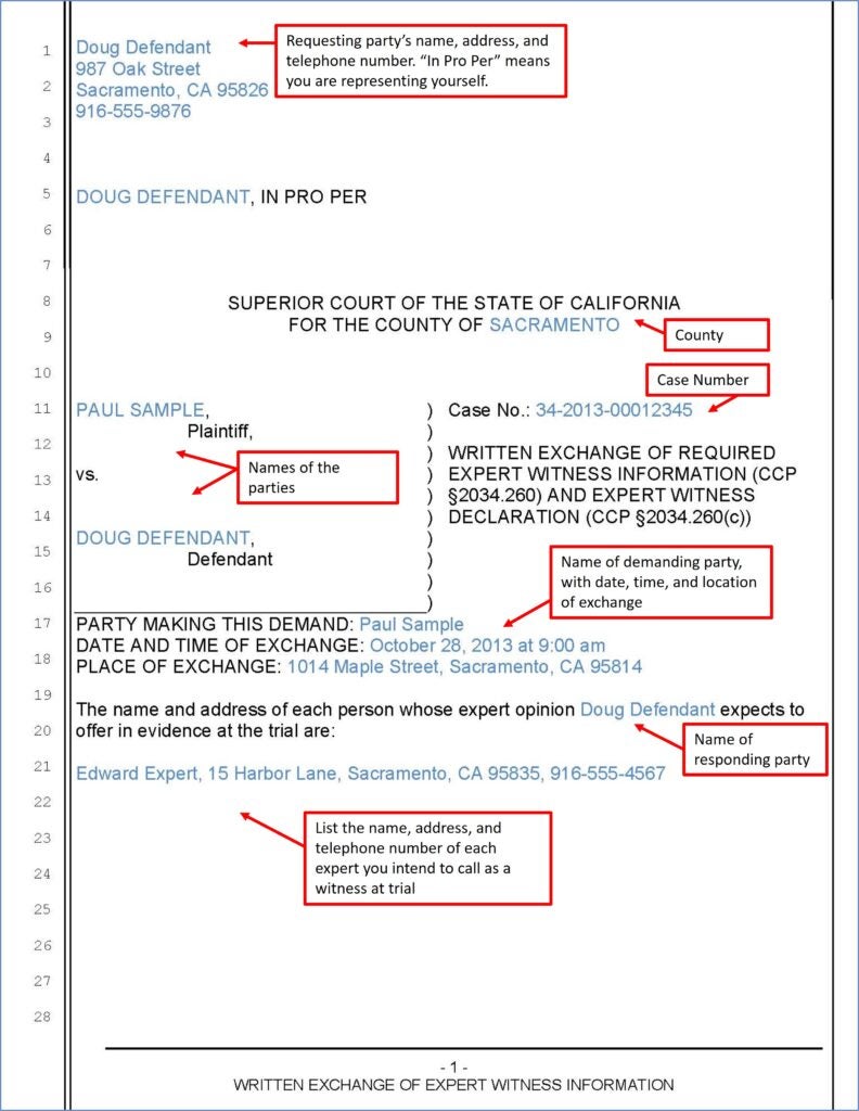 Written Exchange of Expert Witness Information (page 1)