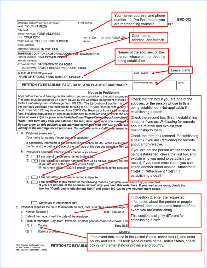 Petition to Establish Fact, Date, and Place of Marriage (BMD-002) (page 1)