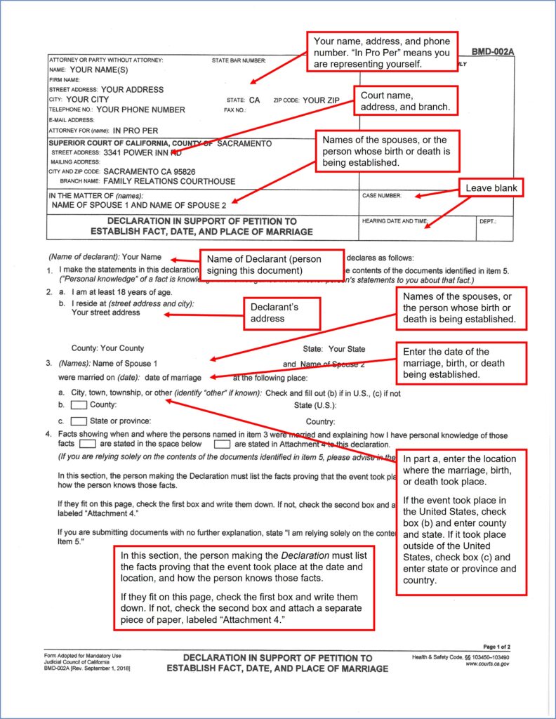 Declaration in Support of Petition to Establish Fact, Date, and Place of Marriage (BMD-002A) (page 1)