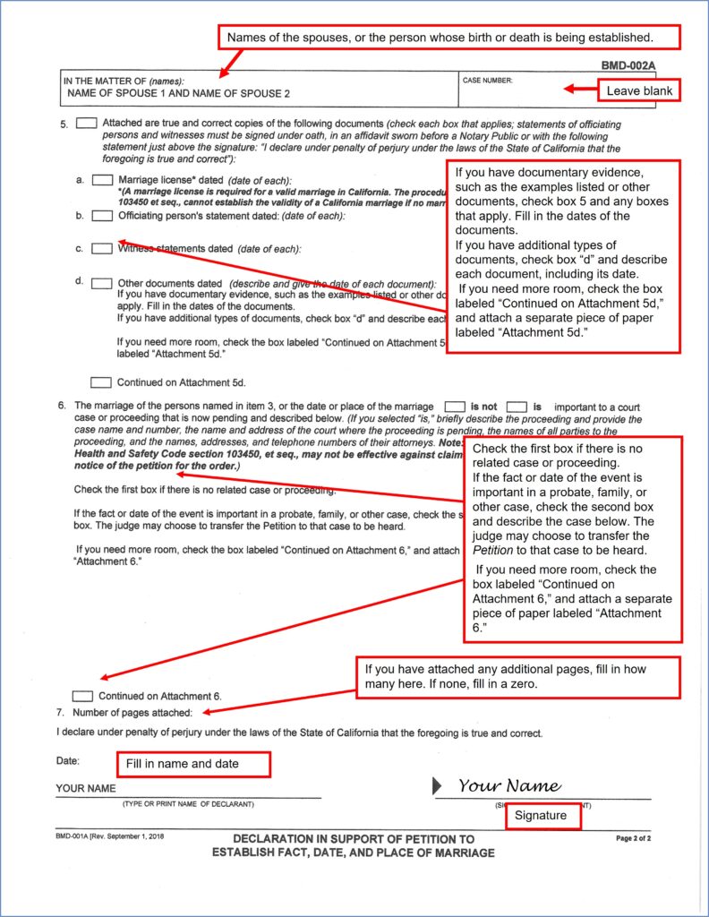 Declaration in Support of Petition to Establish Fact, Date, and Place of Marriage (BMD-002A) (page 2)