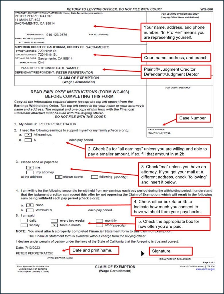 Sample filled out Claim of Exemption (Wage Garnishment) (WG-006)