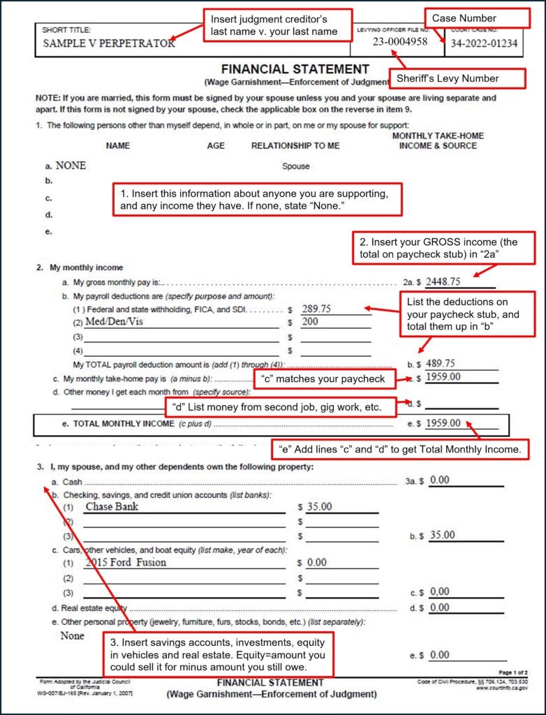 Filled out sample Financial Statement (WG-007/EJ-165) (page 1)